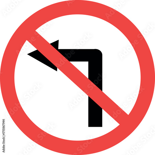 no left turn traffic sign on white background indicating prohibited directional movement for road safety