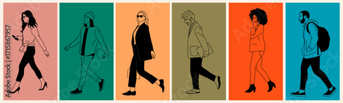Set of Diverse business people walking side view. Modern men and women different ethnicities in smart casual, formal office outfits with phones, bags. Hand drawn outline Vector illustration isolated.