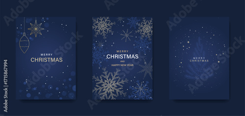 Merry Christmas and Happy New Year! Greeting card or invitation template featuring a Christmas tree and snowflakes on a blue background.
