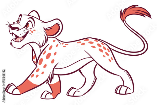 Cartoon White Lion Cub Walking with Red Spots in on White Background