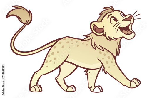Cartoonish walking lion on a white background drawing