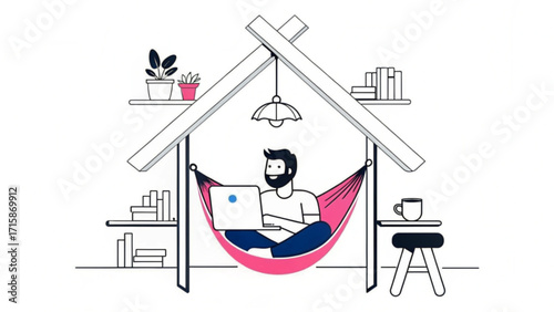 Man working on laptop in hammock inside a house frame with shelves plants and a stool with a mug