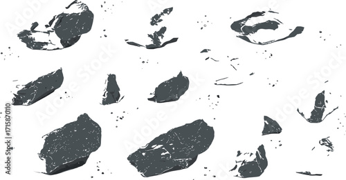 Rock shapes, stone fragments, geological texture, natural boulders, mineral surface, mountain rocks, cliff stones, rough pattern, cad drawing flat vector illustration