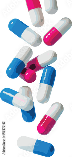 Scattered blue and pink capsules with white pills falling on white background representing pharmaceutical drugs, medication, and modern healthcare concept vector