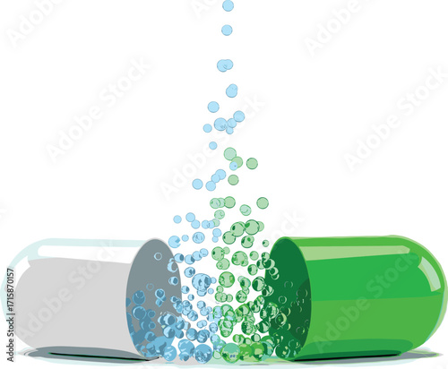 Green and white capsule exploding with colorful granules representing pharmaceutical drug release, supplement particles, and modern medical treatment concept vector