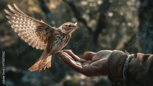 Small Bird in Mid-Flight Approaching Human Hand in Serene Forest Setting
