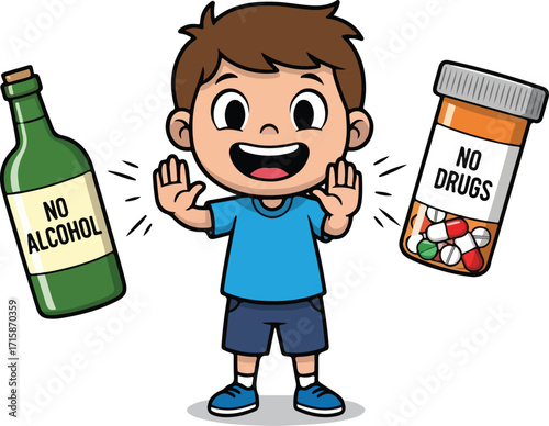 Boy refuses alcohol and drugs, promoting a healthy lifestyle and making positive choices for a bright future, showcasing a message of prevention and wellbeing.