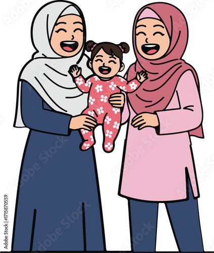 Two muslim mothers joyfully holding their baby girl in a brightly lit room, celebrating family and love with smiles and laughter.