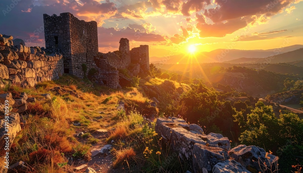 Fototapeta premium Scenic Sunset Over Stone Castle Ruins on Hillside Landscape