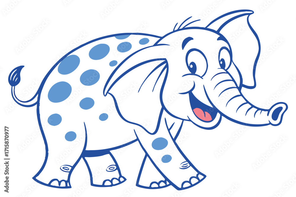 Obraz premium Cheerful Cartoon Elephant with Blue Spots Walking on White Background