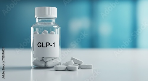 A medicine bottle labeled glp-1 placed against a pharmaceutical development, healthcare concept,blue laboratory background, medical research, 