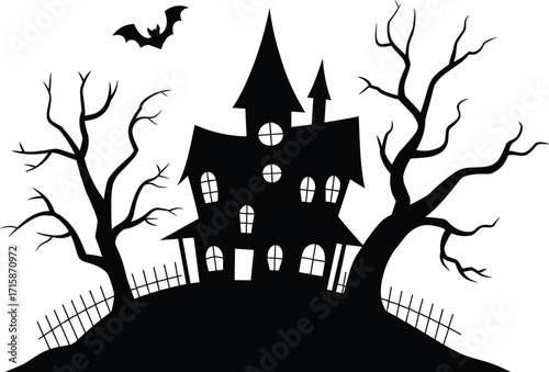 Haunted crooked house silhouette with bats, spooky trees, broken fence on hilltop for Halloween, horror, gothic, eerie night illustration