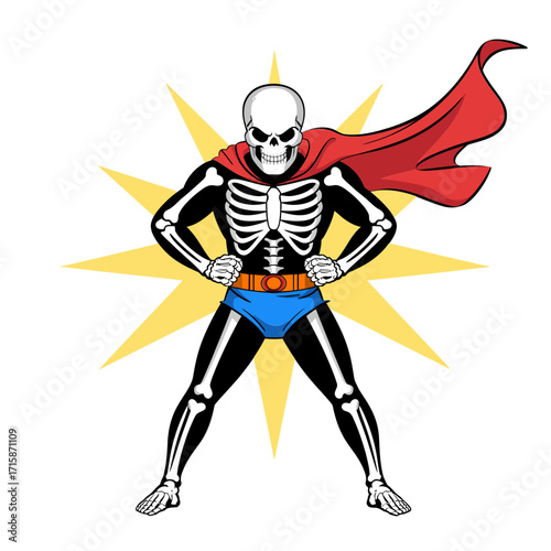 Superhero skeleton figure, red cape, heroic stance, comic style rays, confident pose, fun mascot concept, clean vector design