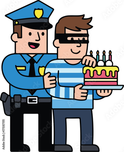 Police officer arresting a thief who is holding a birthday cake with candles, symbolizing justice and humor in a comical situation.