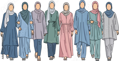 Illustration of diverse Muslim women in colorful hijabs and modern modest fashion walking together. Represents community, friendship, and contemporary style.
