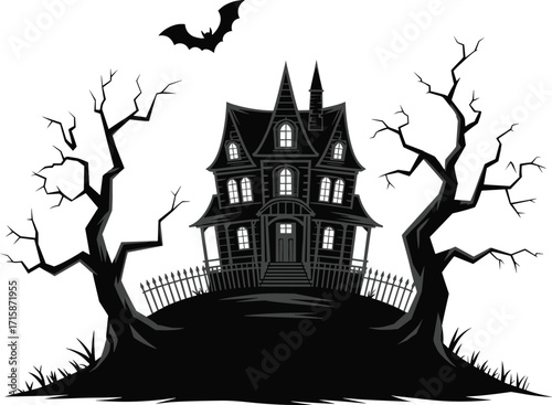 Haunted house silhouette with bats, twisted trees, crooked fence, spooky hilltop scene in black and white Halloween vector illustration
