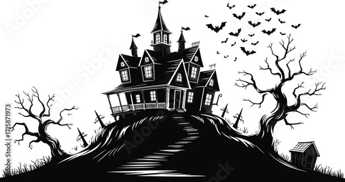Haunted house illustration with bats, graveyard, twisted trees, spooky shed, eerie hilltop scene in black silhouette Halloween vector style
