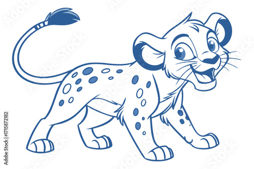 Cheerful Cartoon Leopard Cub Walking with Blue Spots Isolated on White