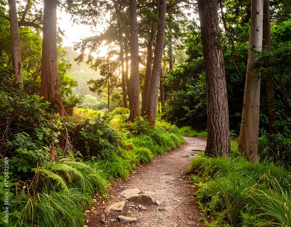 Obraz premium Sunlit path through a lush forest (1)