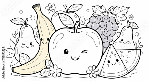 A collection of cartoon fruits, including an apple, banana, grapes, and pears, with smiling faces.