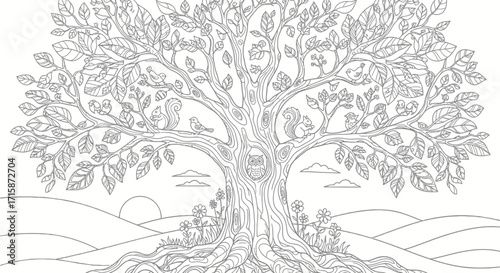 Black and white detailed drawing of a large tree with animals and foliage, set against a landscape.