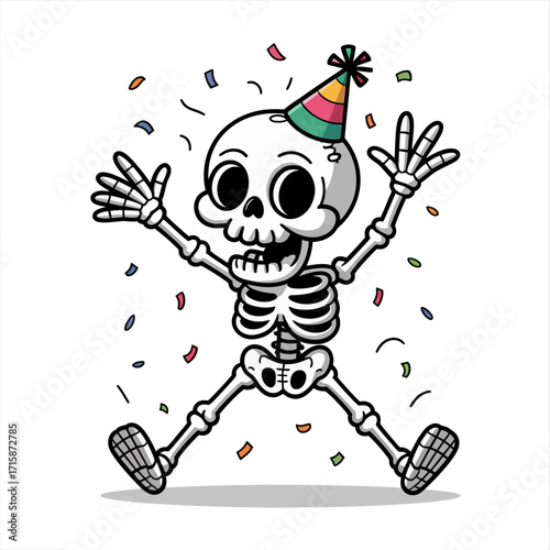 celebrating skeleton dancer, confetti and streamers, party mood, joyful bones mascot, festive halloween artwork, cartoon vector design