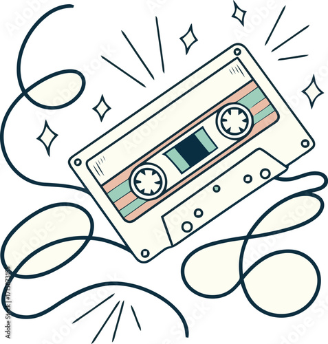Retro cassette tape with magnetic tape unwound and sparkling elements, evoking nostalgia for analog music and vintage technology
