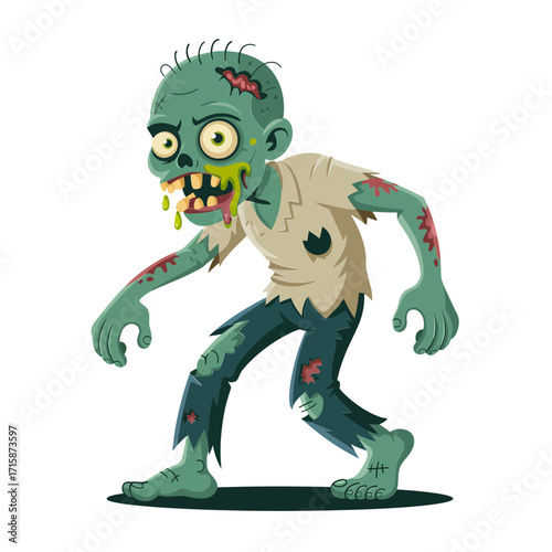 classic zombie walker, tattered clothes, drooling mouth, green skin, scary halloween creature, horror game style, dynamic vector illustration