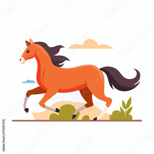 A vibrant, flat design vector illustration capturing the dynamic movement of a horse galloping gracefully through a simple landscape
