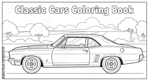 Classic car coloring book page featuring a vintage vehicle outline against a simple landscape background.