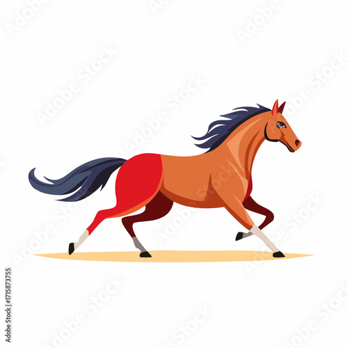 Elegant vector illustration of a graceful brown horse galloping, captured in a dynamic flat design with clean lines on an isolated white background