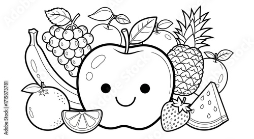 Cute cartoon fruit coloring page featuring an apple with a happy face, surrounded by various fruits like grapes, bananas, oranges, pineapples, and strawberries.