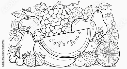 A delightful collection of fruits, ready for coloring, features apples, pears, grapes, watermelon, bananas, strawberries, and berries.