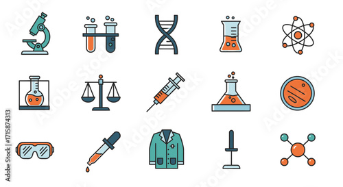 Colorful flat line icon set representing science, chemistry, and laboratory research equipment isolated on a white background