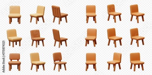 An arrangement of eighteen simple, wooden chairs, presented in various angles and shades of brown, against a transparent background.