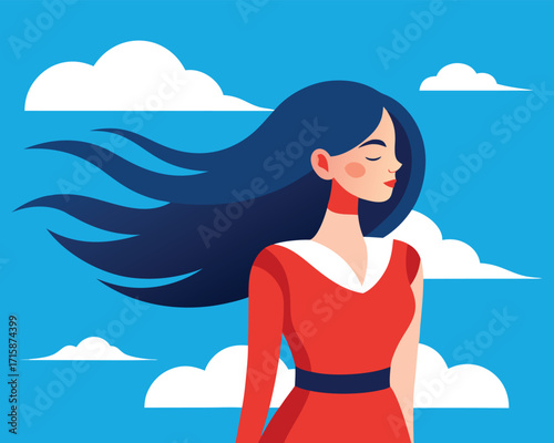 Beautiful Woman with Flowing Hair — Flat Vector Illustration