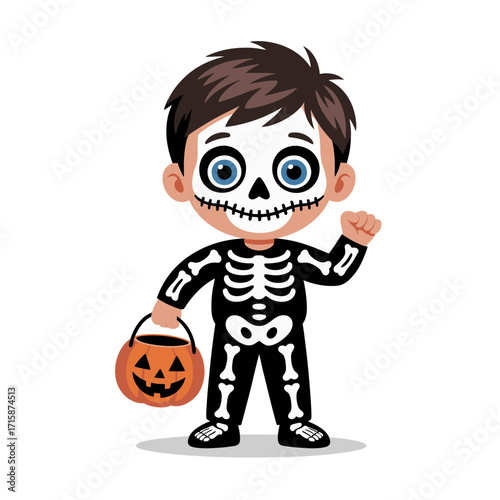 smiling boy wearing skeleton outfit with pumpkin pail, cute october celebration, playful character design, clean cartoon vector