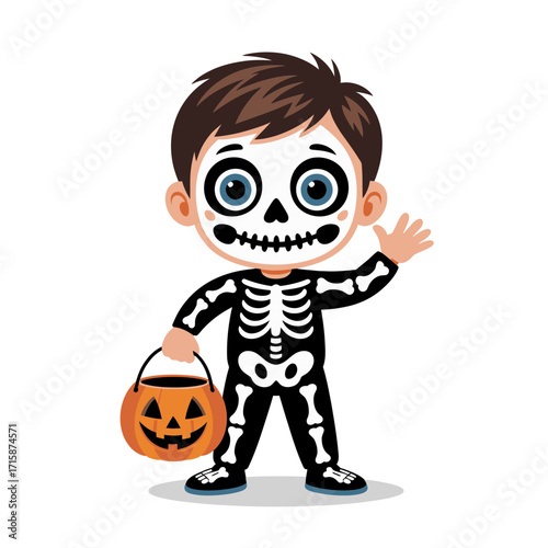 kid in skeleton suit holding pumpkin bucket, trick or treat vibe, friendly halloween mascot, colorful cartoon vector