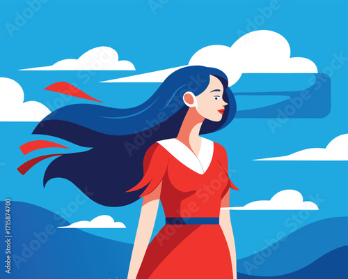Beautiful Woman with Flowing Hair — Flat Vector Illustration