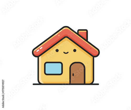 Cute cartoon house illustration with a happy expression, simple lines and vibrant colors.