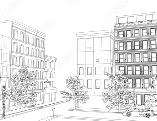 Black and white contour drawing of a city street with buildings, trees, and a car on the road.