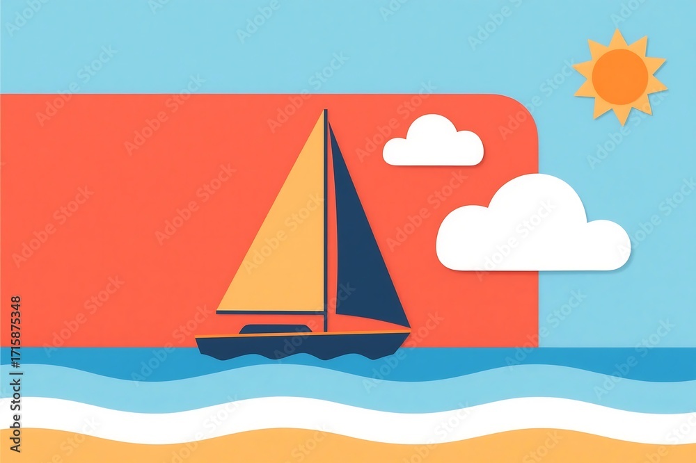Naklejka premium Vector illustration of a sailboat on the summer beach at the ocean with a sun and the sky