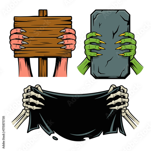 set of halloween hands holding wooden boards and cloth banner, undead arms clipart, spooky message frames, vector illustration