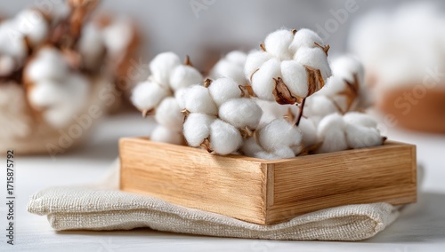 Fluffy white cotton bolls in a wooden box on a light cloth