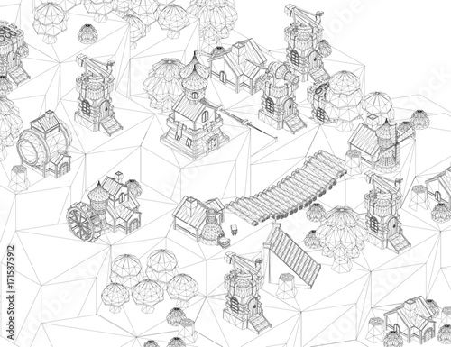 Ancient city rendered in low poly wireframe style with buildings, trees, and objects against a white background.