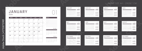 Set of 12 Pages Monthly Calendar Planner Templates on 2026 year. Vector mockup of a wall or desktop calendar organizer grid with the week starting on Monday ready print. Page for size A4 -21x29.7 cm