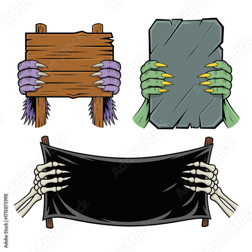 creepy hands collection holding blank boards and fabric, zombie arms set, halloween signage elements, editable cartoon vector graphics