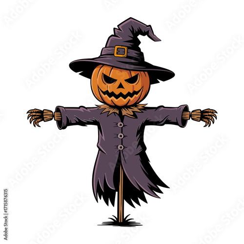 creepy scarecrow pumpkin head, ragged clothing, straw details, spooky farm guardian, halloween mascot graphic, autumn harvest theme vector