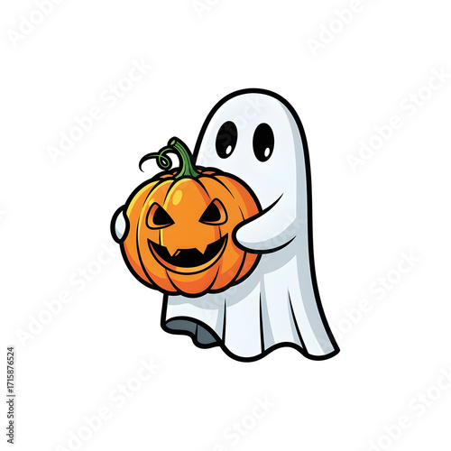 Cute ghost holding a carved pumpkin isolated on transparent background for halloween halloween clipart
