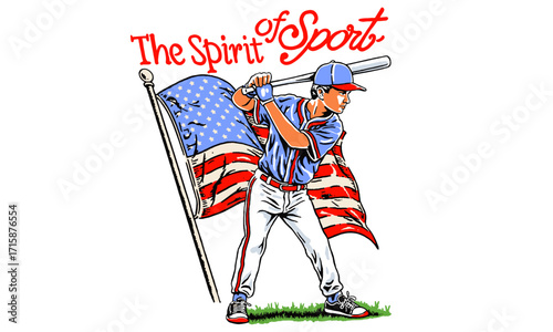  illustration of a baseball player with an American flag. Spirit of Sport vintage artwork